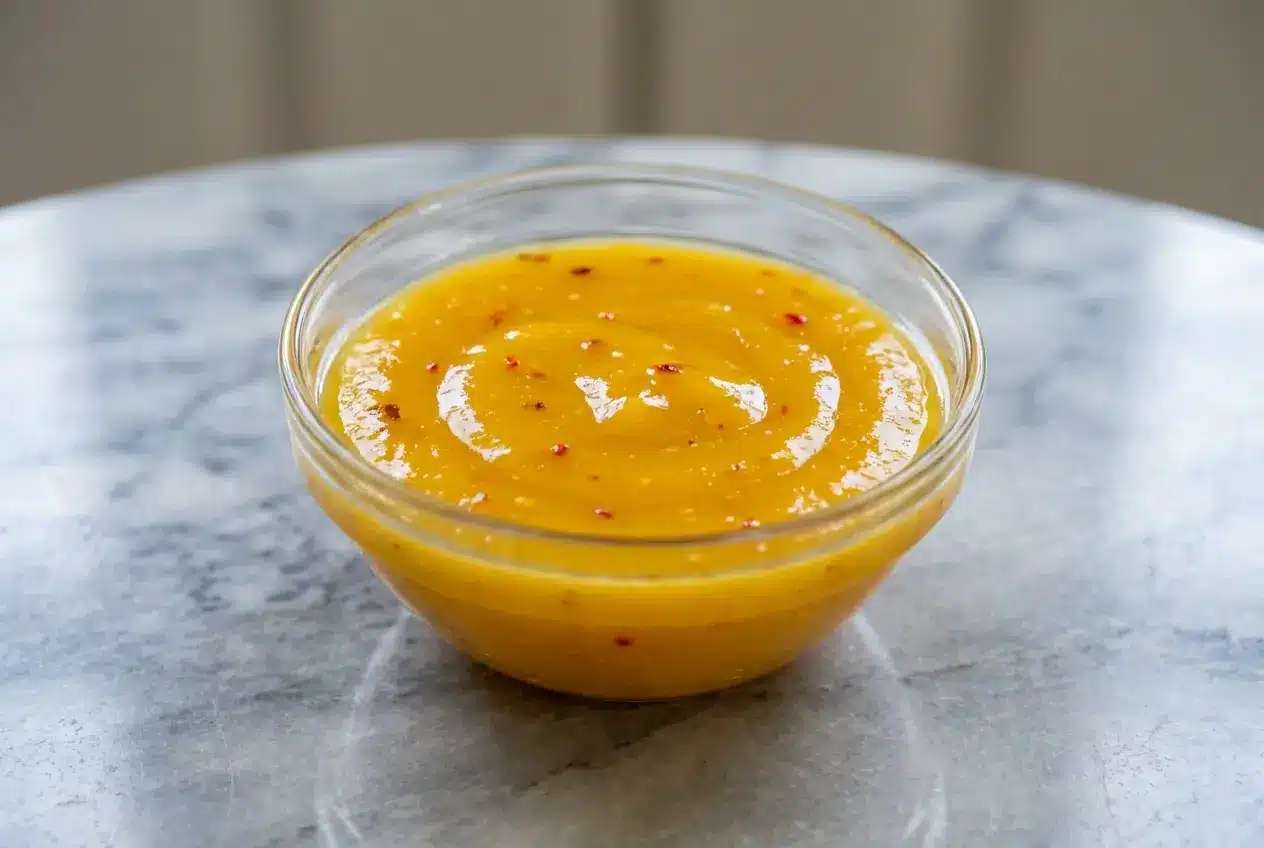 A vibrant bowl of sweet mango chili sauce featuring visible flecks of charred mango for a smoky umami depth.