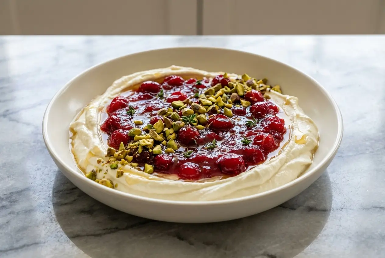 A bowl of creamy Cranberry Whipped Feta Dip, topped with a nutty brown butter cranberry compote, orange zest, and pistachios.