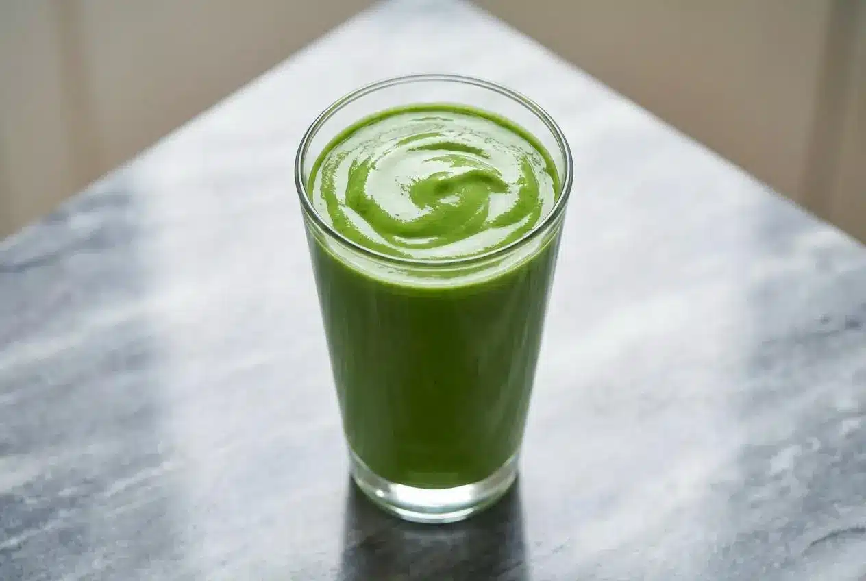 A tall glass of a bright green detox smoothie for weight loss, looking extra creamy from avocado, garnished with a lemon slice.