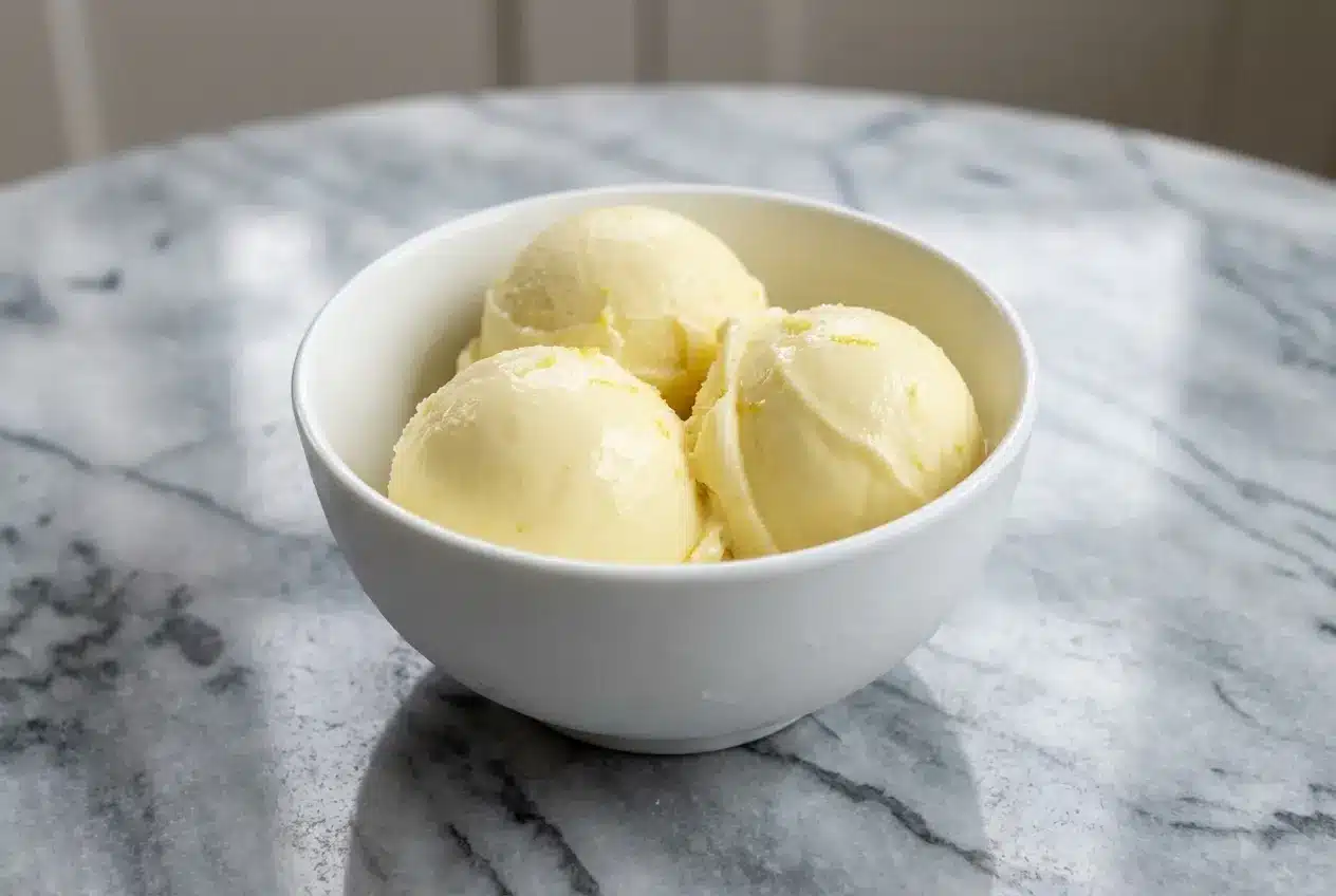A scoop of bright yellow Lemon Gelato in a glass dish, showing its ultra-creamy, smooth texture thanks to a hint of corn syrup.
