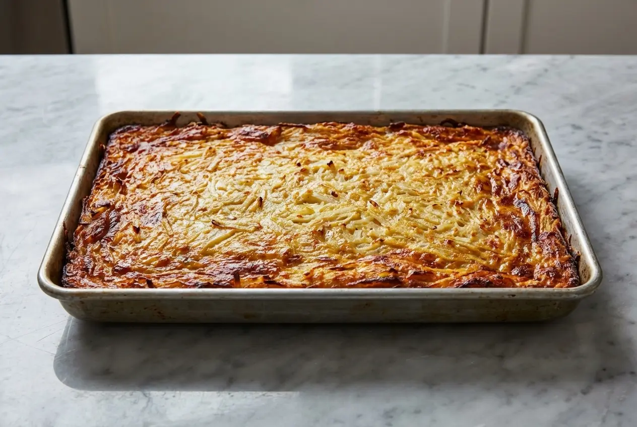 A golden-brown potato kugel recipe cut into squares in a baking pan, showing off an exceptionally crispy, latke-like bottom crust.