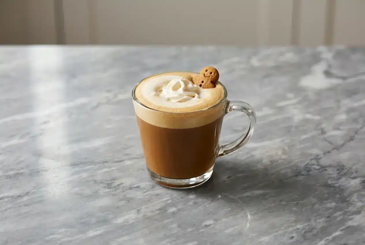 Spiced gingerbread latte recipe featuring a rich browned butter emulsion and silky micro-foam topping.