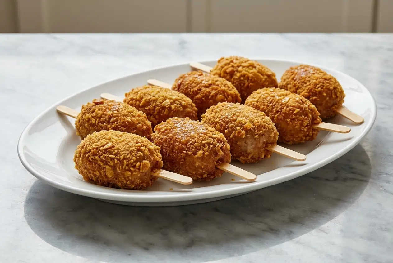 Crispy mock chicken legs with a Ritz cracker and cornflake coating on wooden skewers.