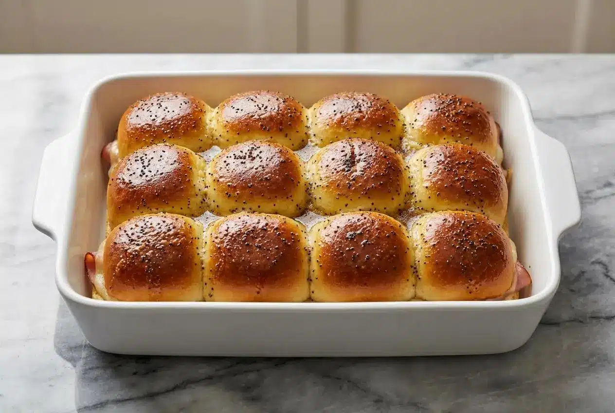 A baking dish of golden Hawaiian Roll Sliders filled with ham and cheese, topped with a glistening, nutty brown butter sauce.