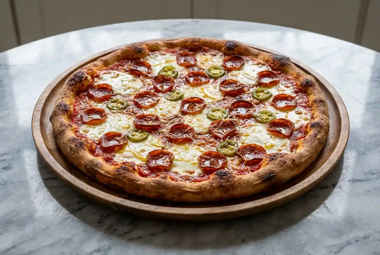 Hot honey pizza recipe with bourbon and smoked paprika glaze on a crispy mozzarella crust.