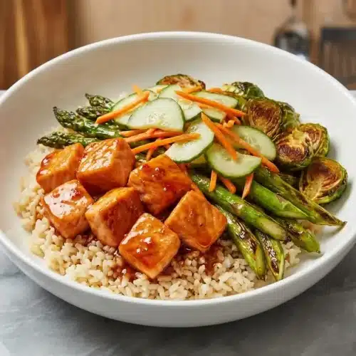 A hot honey salmon bowl with glossy, tangy glazed salmon, quick-pickled cucumbers, roasted brussels sprouts, and fluffy jasmine rice.