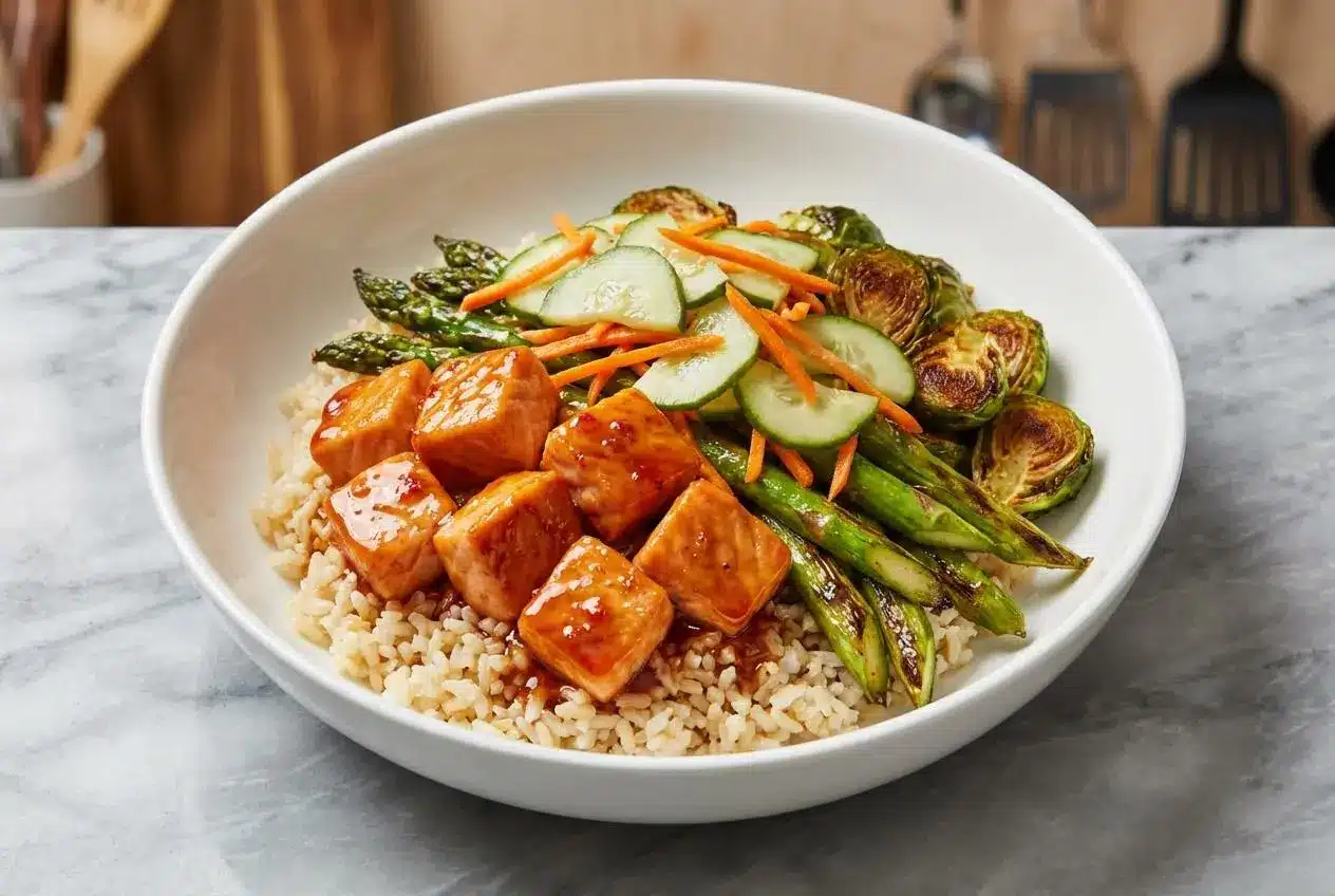 A hot honey salmon bowl with glossy, tangy glazed salmon, quick-pickled cucumbers, roasted brussels sprouts, and fluffy jasmine rice.