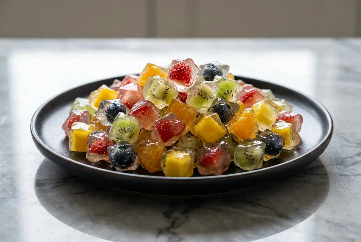 Colorful japanese jelly candy gems featuring a sparkling diamond crust crystallization effect.
