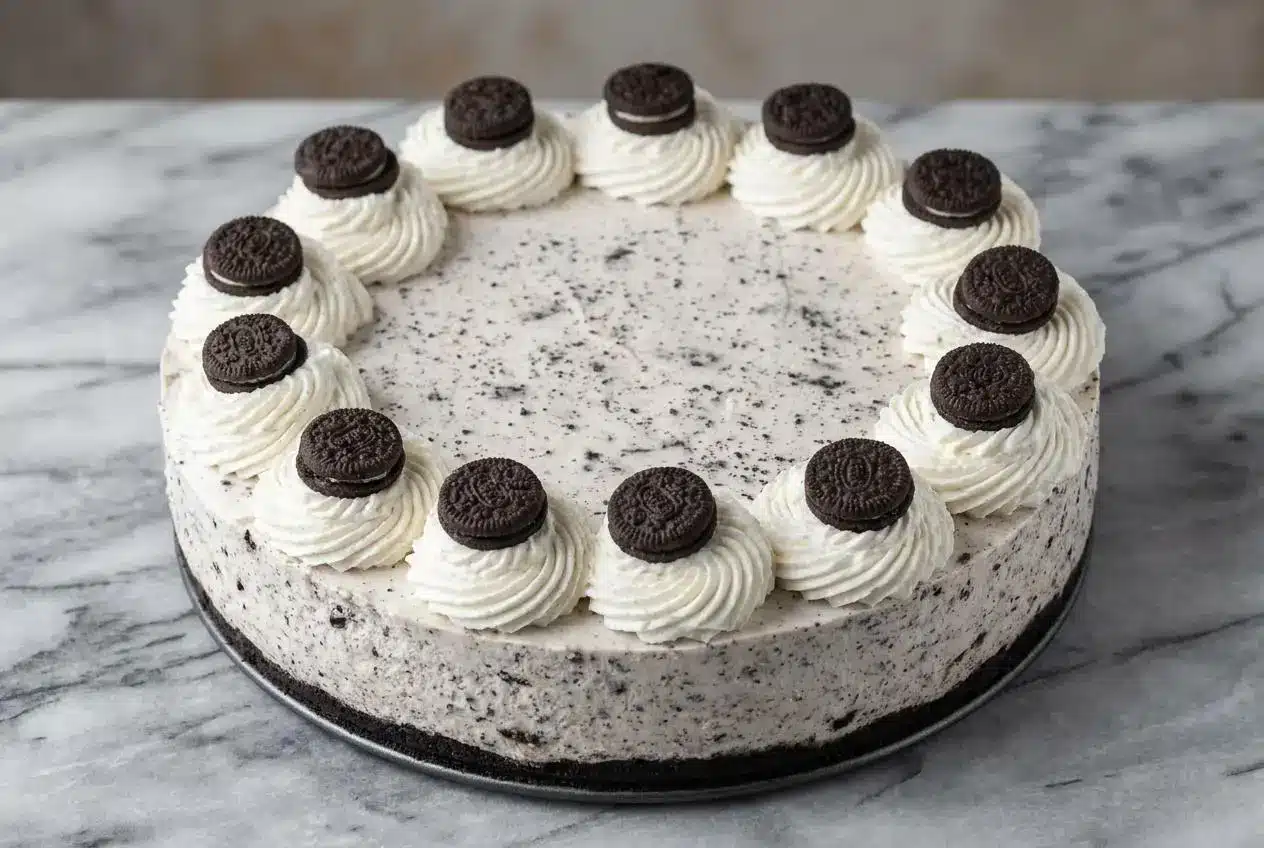A whole No Bake Oreo Cheesecake with a rich white chocolate filling, topped with whipped cream swirls and crushed cookies.