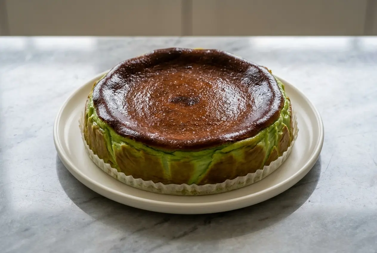 Burnt pandan basque cheesecake with a vibrant green center made by infusing cream with fresh pandan leaves.