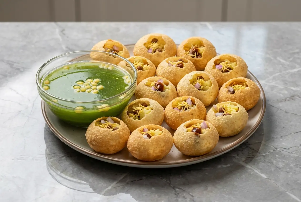 Crispy semolina puris filled with a carbonated zing pani for a unique, fizzy Pani Puri Recipe.