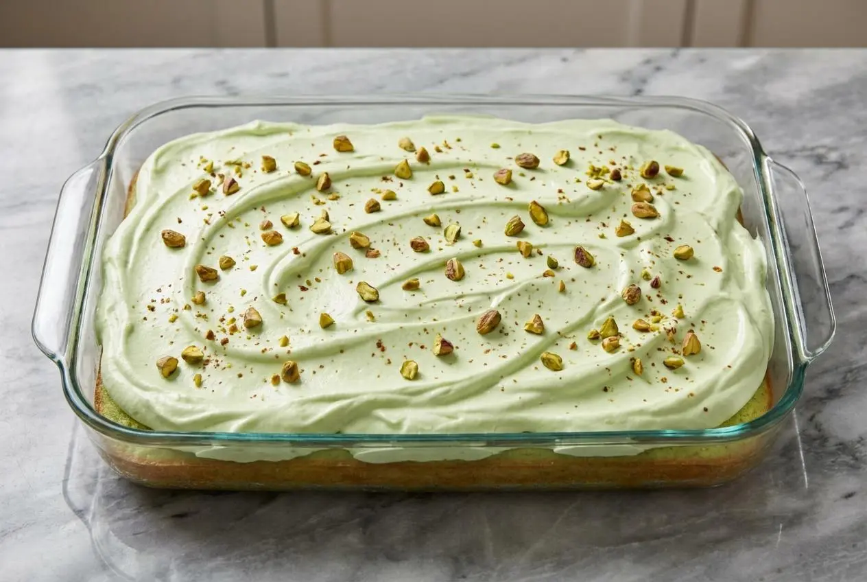 A slice cut from a lush Pistachio Pineapple Paradise Cake, revealing its light green crumb and topped with a creamy browned butter frosting.