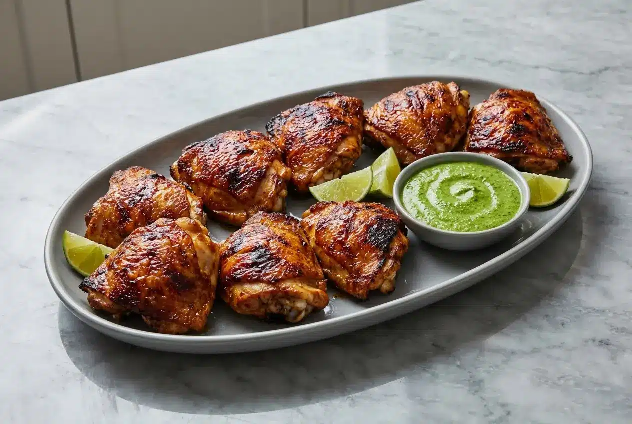 A whole roasted chicken from a Pollo a la Brasa recipe, with deeply golden, crispy skin from a smoky Aji Panca paste marinade.