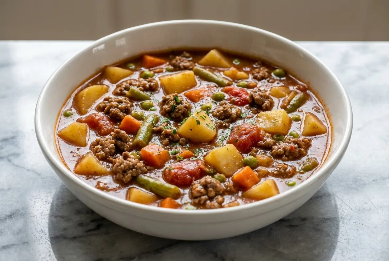 Hearty Poor Man's Stew with a rich balsamic glaze and smoked paprika in a ceramic bowl.