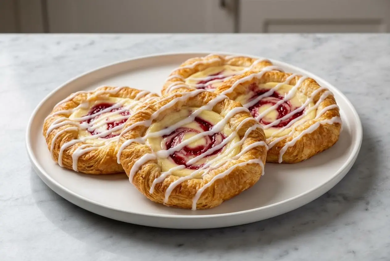 A golden Raspberry Cheese Danish drizzled with icing, with a bright, homemade raspberry jam and cream cheese filling peeking out.