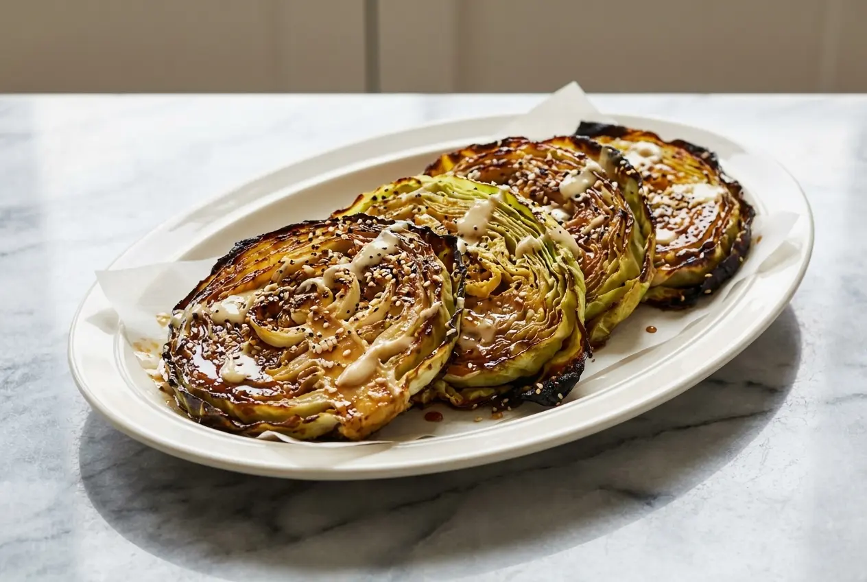 Roasted cabbage steaks recipe featuring a golden miso-maple everything crust with caramelized edges.