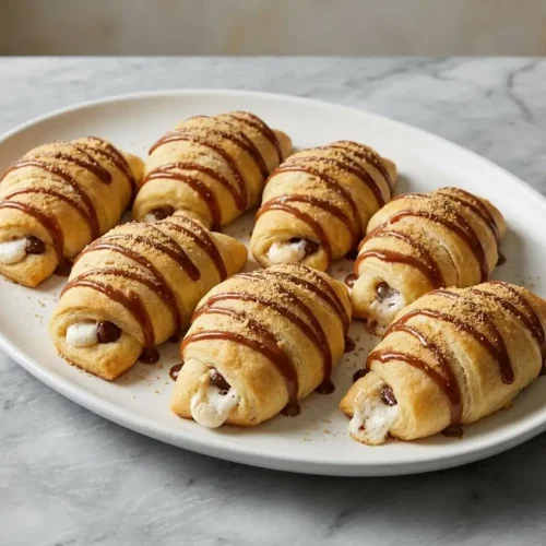 A stack of golden S'mores crescent rolls drizzled with a rich brown butter salted chocolate sauce and sprinkled with graham cracker crumbs.