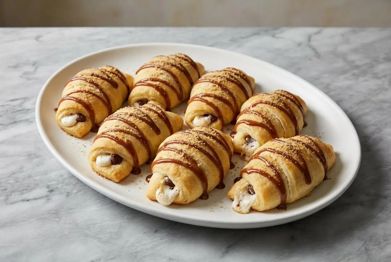 A stack of golden S'mores crescent rolls drizzled with a rich brown butter salted chocolate sauce and sprinkled with graham cracker crumbs.