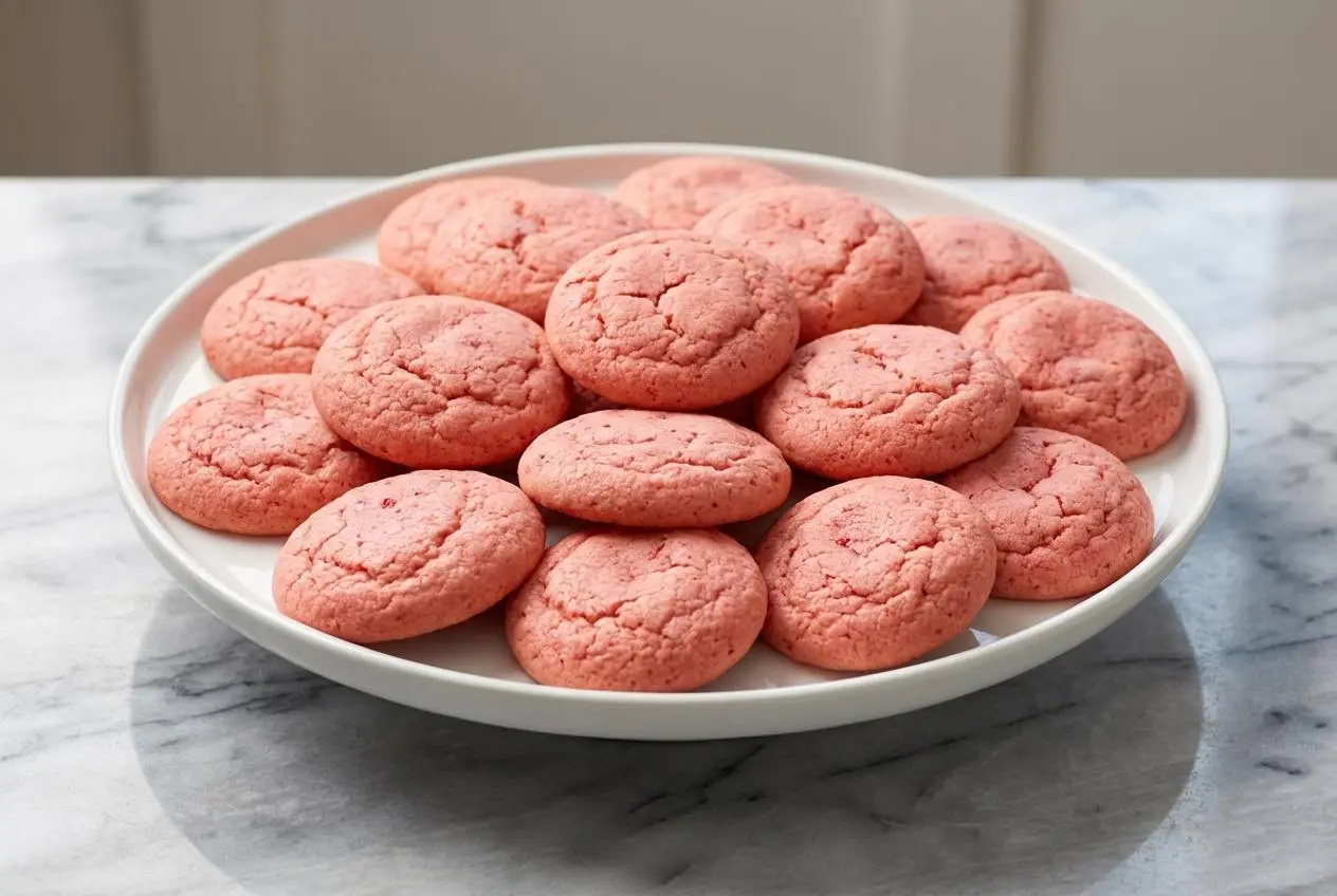 A stack of soft, chewy strawberry cake mix cookies studded with white chocolate chips, infused with freeze-dried strawberries.