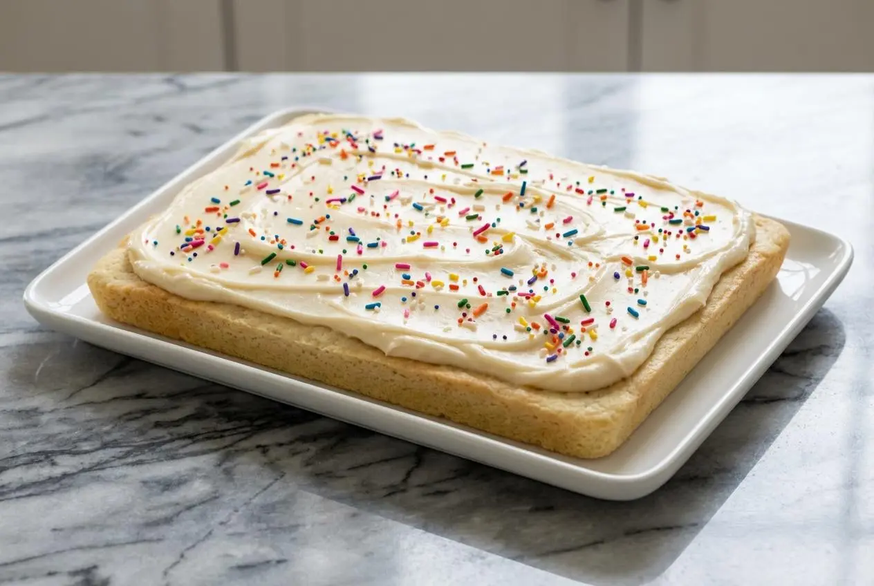 A pan of soft sugar cookie bars topped with a thick layer of brown butter buttercream frosting and colorful sprinkles, with one bar cut.
