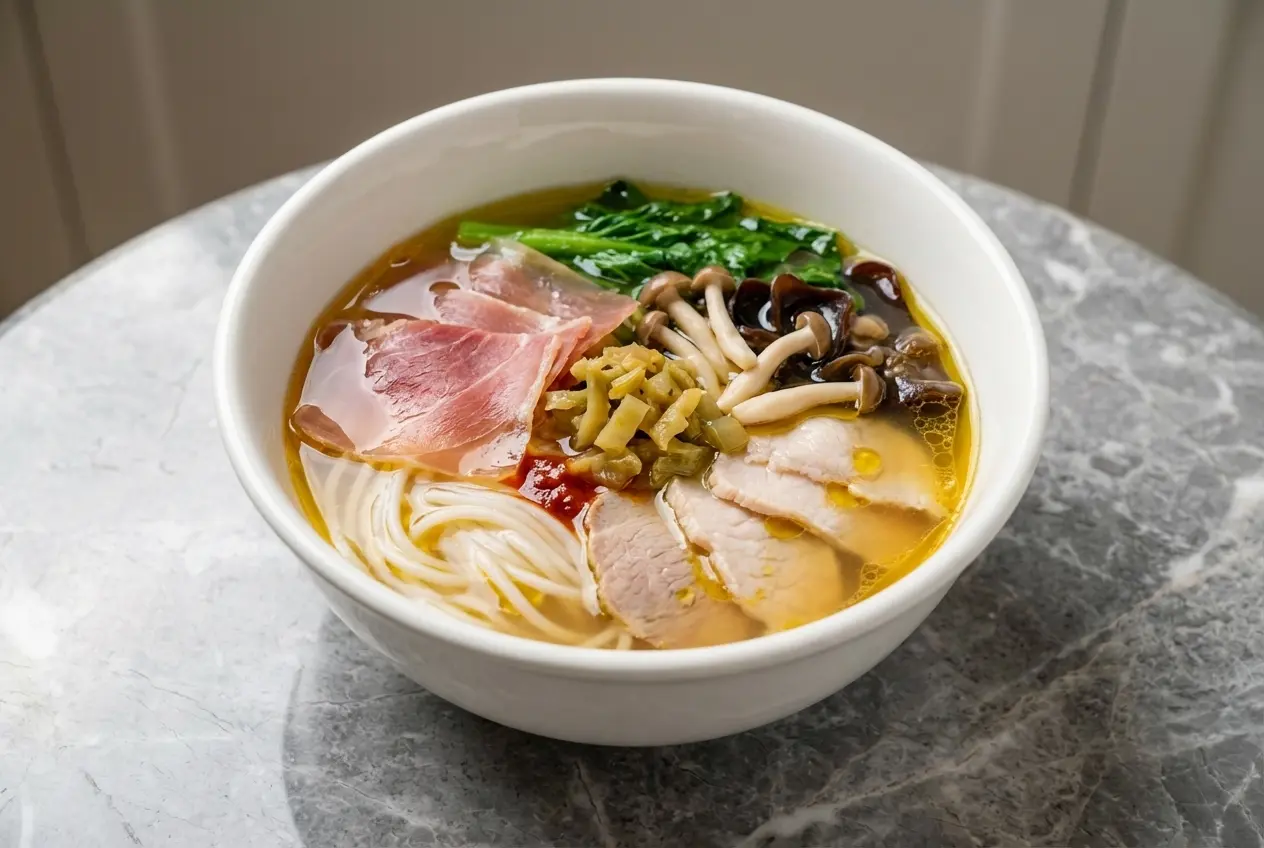 A large bowl of Yunnan rice noodle soup with chicken, vegetables, and a glistening surface from the homemade aromatic spice oil.